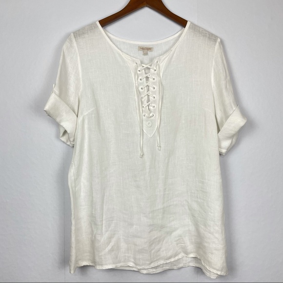 Lina Tomei Tops - Lina Tomei White Linen Lagenlook Cuffed Top